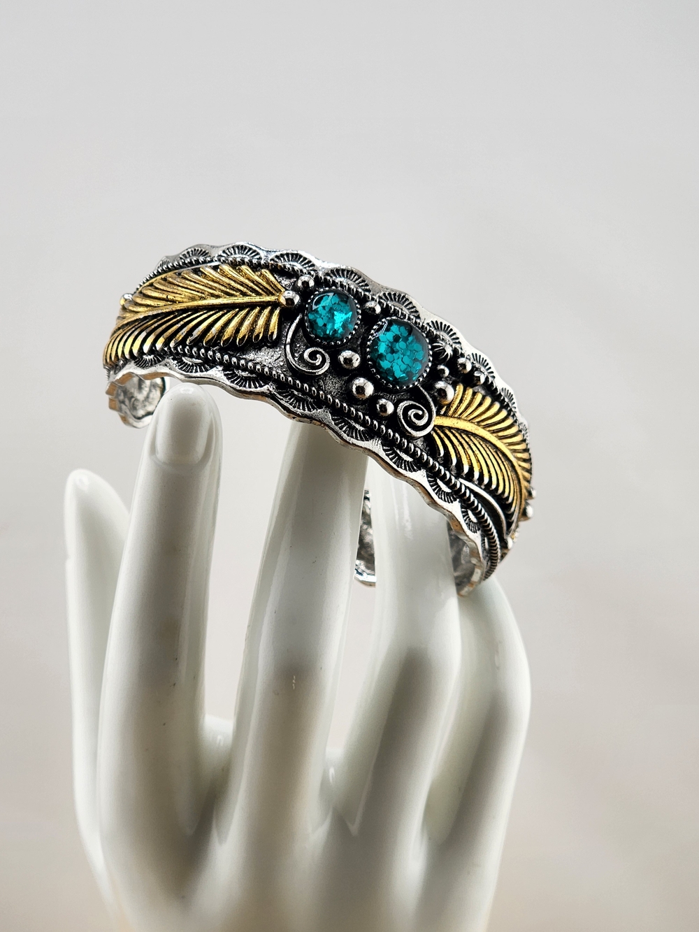 Turquoise Two-Stone Feather Cuff Bracelet - Gold & Silver Tone 0542